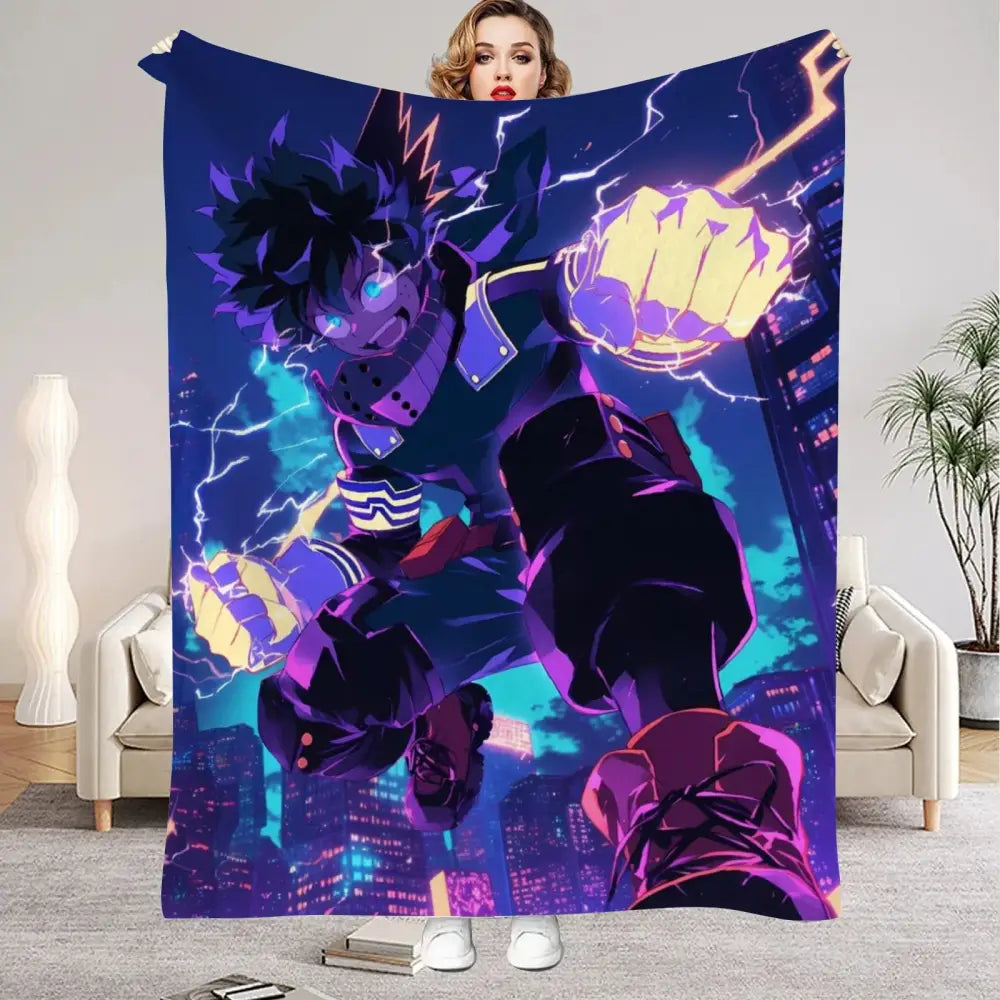 Vibrant purple and blue my hero academia flannel blanket featuring izuku midoriya with lightning effects soft warm throw