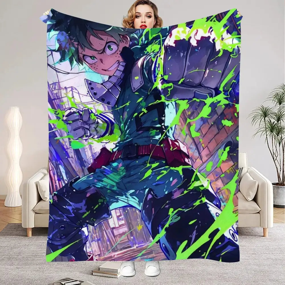 My hero academia all might flannel blanket featuring vibrant blue and green armor design on soft warm fabric