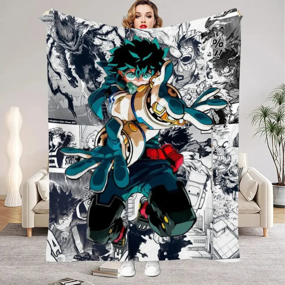 My hero academia all might flannel blanket featuring a soft plush throw with vibrant teal and black anime character design