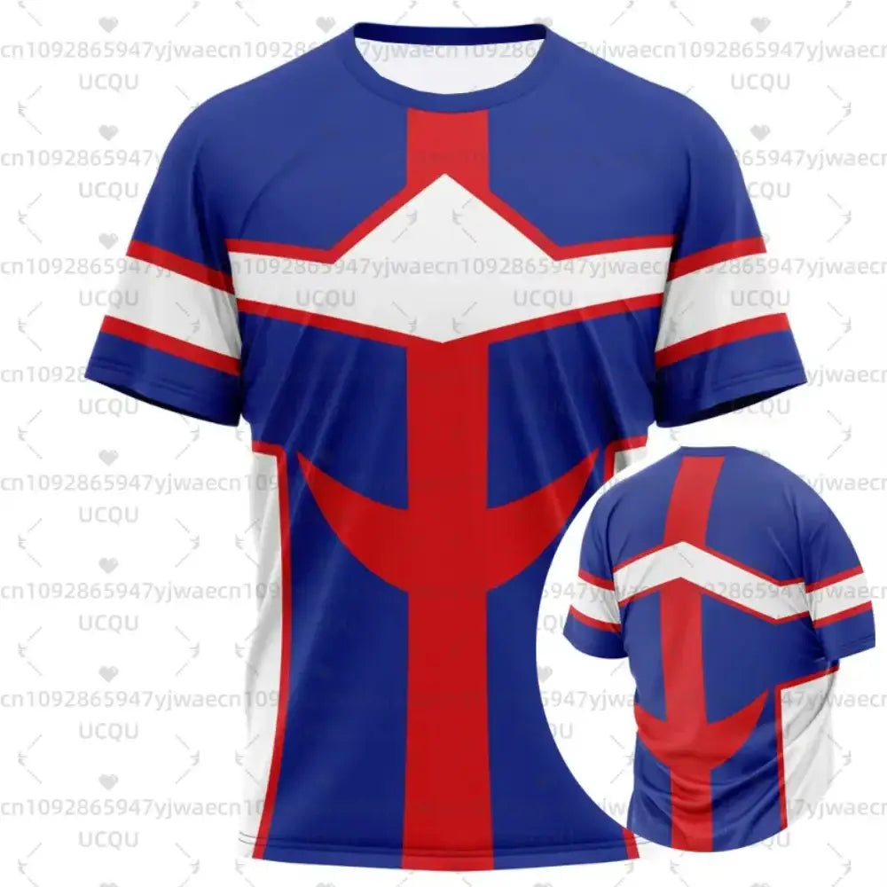 Blue red and white short-sleeved my hero academia all might jersey t-shirt with full-body uniform print for summer fit