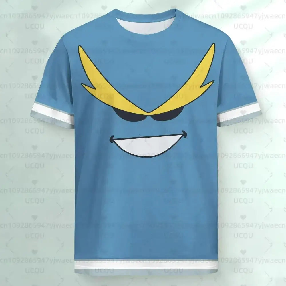 Blue short-sleeved my hero academia jersey t-shirt with bold yellow and black cartoon face and white trim on sleeves and hem