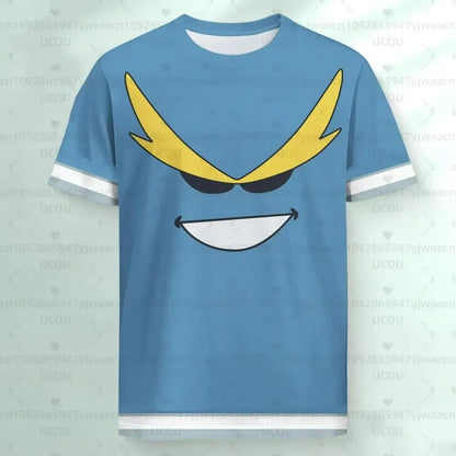 Blue short-sleeved my hero academia jersey t-shirt with bold yellow and black cartoon face and white trim on sleeves and hem