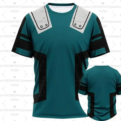 Teal and black short sleeved my hero academia all might jersey t shirt with white shoulder accents and stylized design