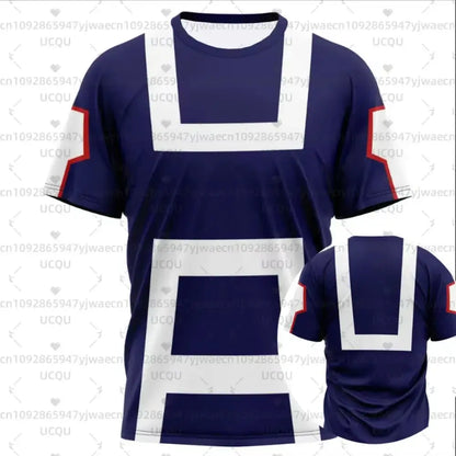 Navy blue my hero academia all might jersey t-shirt with white and red accents featuring bold graphic design
