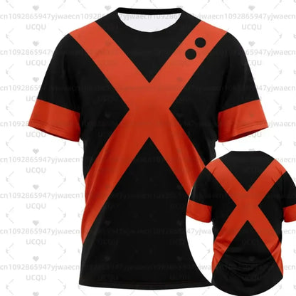 Black short-sleeved my hero academia all might jersey t-shirt with bold orange x design and black shoulder accents