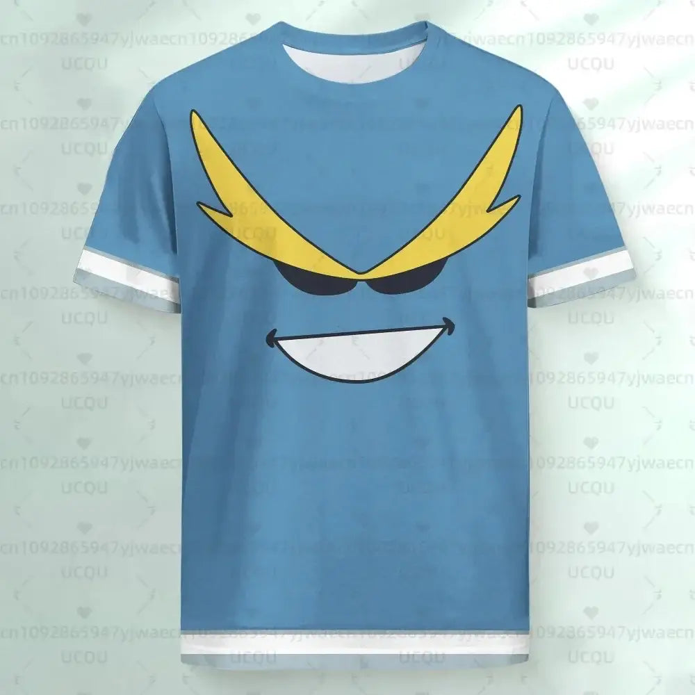 Blue short-sleeved summer fit jersey t-shirt with bold yellow and black cartoon face from hero academia