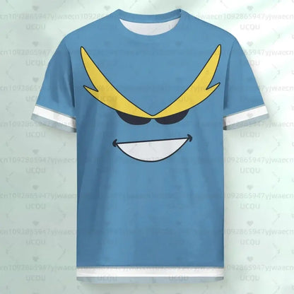 Blue short-sleeved summer fit jersey t-shirt with bold yellow and black cartoon face from hero academia