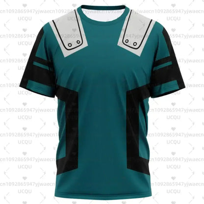 Teal and black short-sleeved hero academia all might jersey t-shirt with white shoulder accents and stylized design