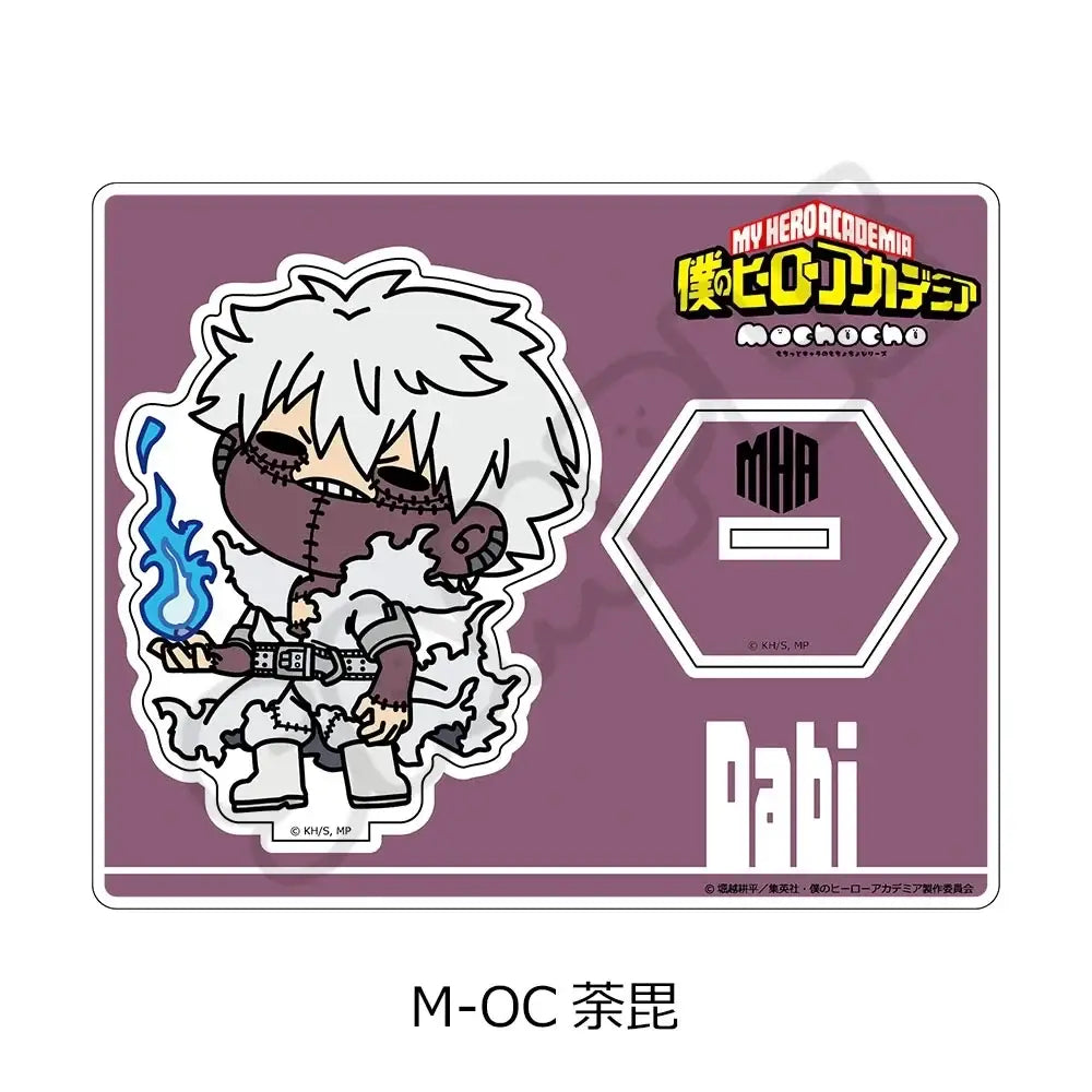 Chibi-style white-haired ashiro mina acrylic stand with stitched face and blue flame on purple hero academia base