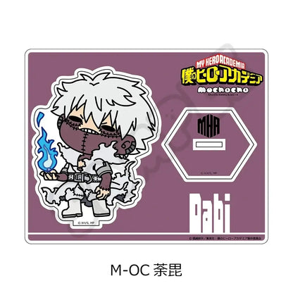 Chibi-style white-haired ashiro mina acrylic stand with stitched face and blue flame on purple hero academia base