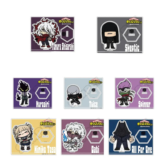 Chibi-style hero academia acrylic standees featuring ashiro mina acrylic stand with hexagonal halloween ornament design
