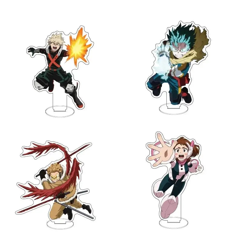 Clear acrylic hero academia bakugo standee featuring four dynamic anime characters with colorful energy effects