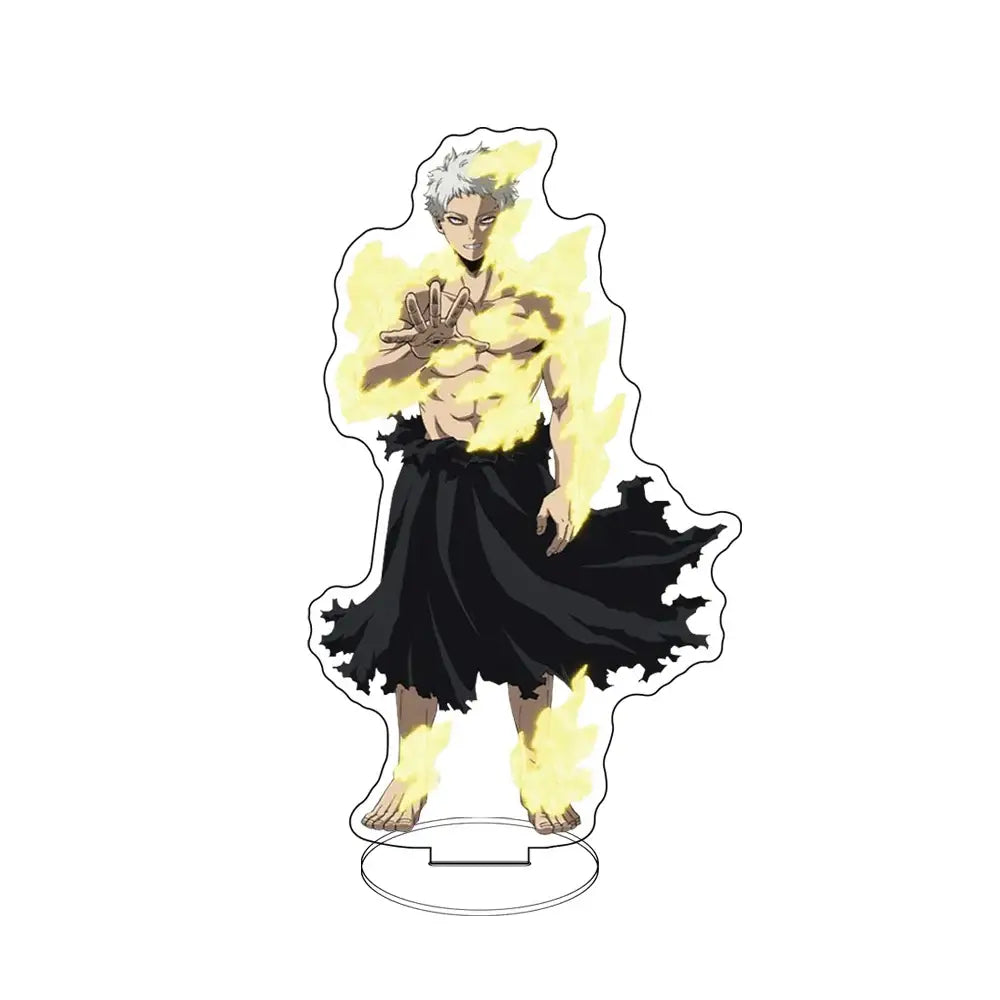 Clear acrylic hero academia bakugo standee featuring silver hair character with glowing yellow aura and black skirt