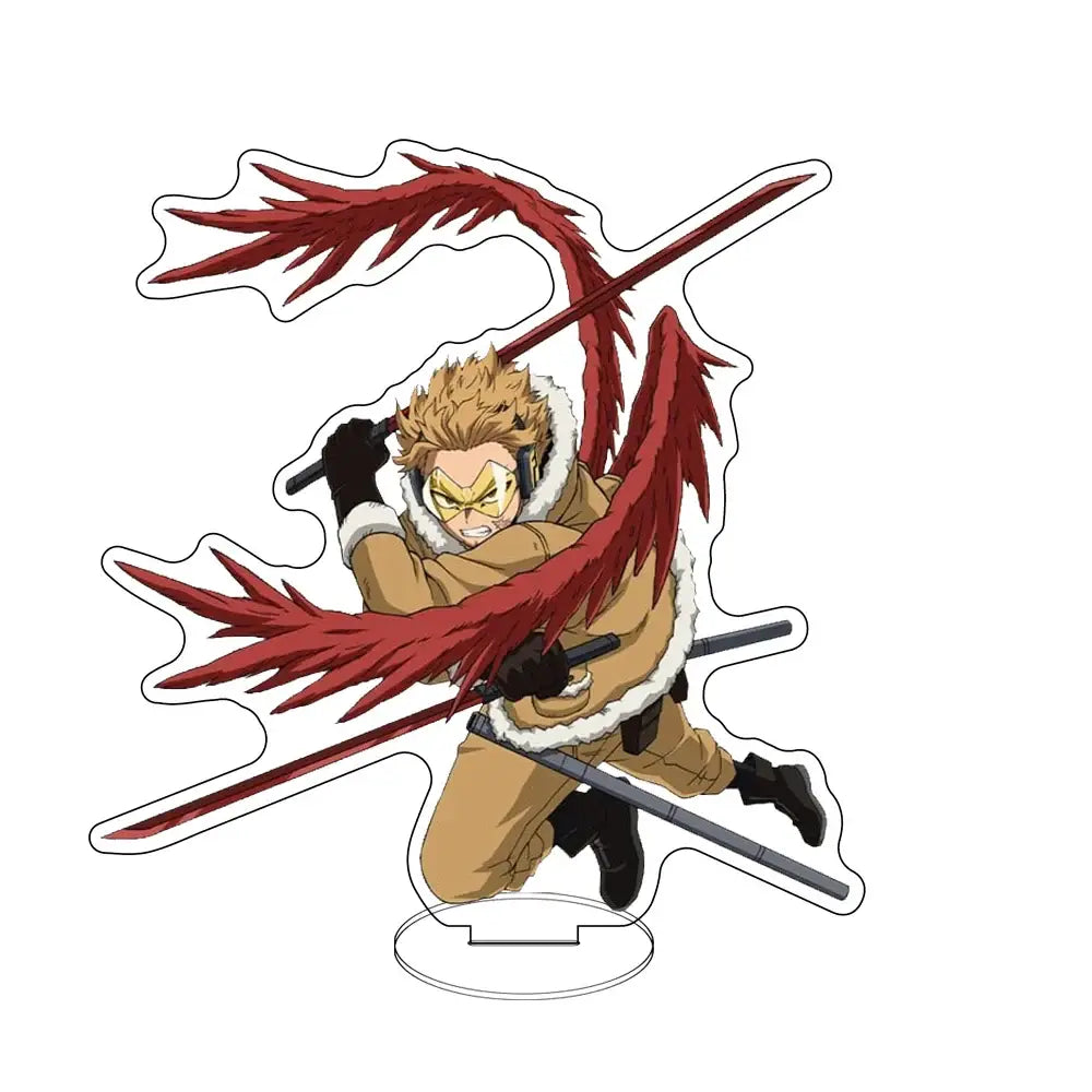 Clear acrylic stand featuring a dynamic hero academia bakugo with spiky blonde hair and red feathered wings