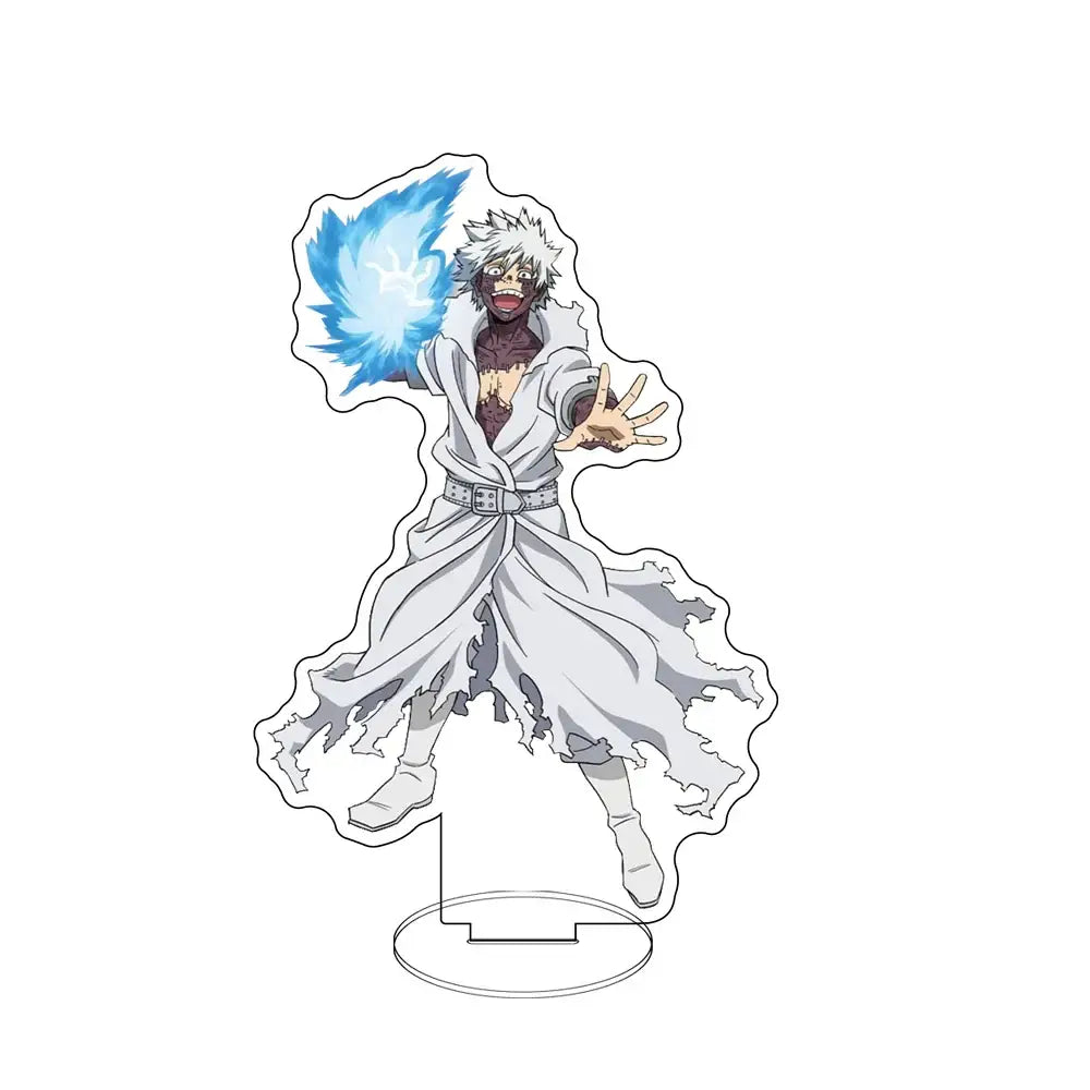 Clear acrylic standee of bakugo from my hero academia with spiky white hair and glowing blue energy blast