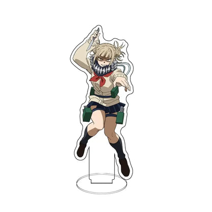 Clear acrylic my hero academia bakugo standee featuring blonde anime character in beige jacket holding knife and reaching forward