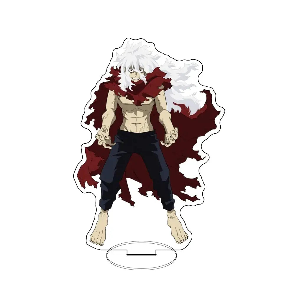 Clear acrylic standee of muscular hero academia character with long white hair and torn red cape in black pants barefoot