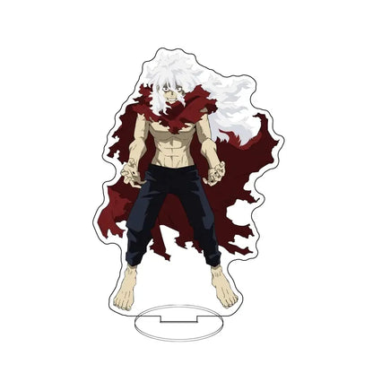 Clear acrylic standee of muscular hero academia character with long white hair and torn red cape in black pants barefoot