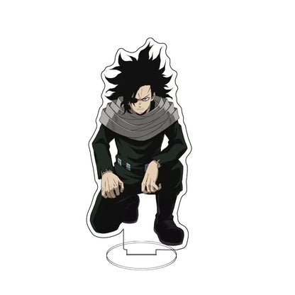 Black-haired hero academia bakugo acrylic standee kneeling pose with gray scarf and dark green outfit on acrylic figure