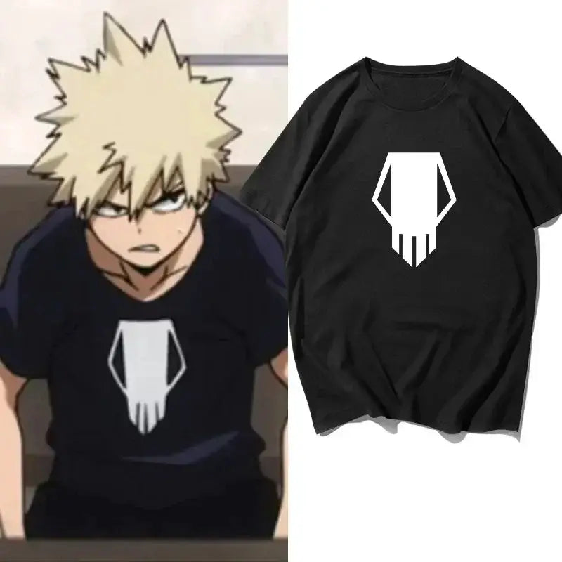 Black short-sleeved oversized t-shirt with white skull logo featuring bakugo katsuki from my hero academia
