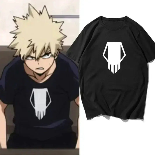 Black short-sleeved oversized t-shirt with white skull logo featuring bakugo katsuki from my hero academia