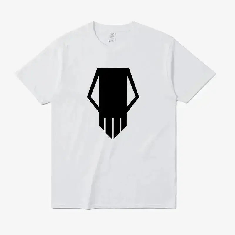 White cotton oversized t-shirt featuring bold black manga skull graphic from my hero academia with bakugo katsuki design
