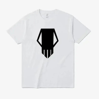 White cotton oversized t-shirt featuring bold black manga skull graphic from my hero academia with bakugo katsuki design