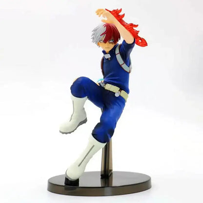 My hero academia bakugo pvc figure with blue and white costume and red flame hair accessory on black base