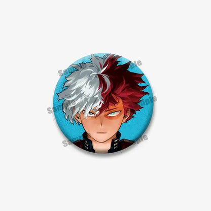 Circular tinplate coin brooch featuring bakugou with spiky white and red hair on bright blue background hero academia