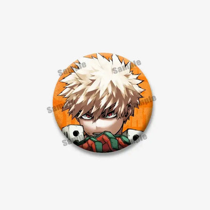 Circular tinplate coin brooch featuring bakugou and midoriya with spiky white hair and red eyes on orange background
