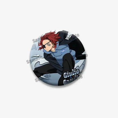 Circular tinplate coin brooch featuring hero academia anime character bakugou with red hair and black eye patch in dynamic pose