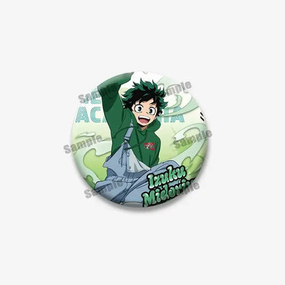 Green-haired izuku midoriya tinplate coin brooch in dynamic pose with green hoodie and blue overalls hero academia design