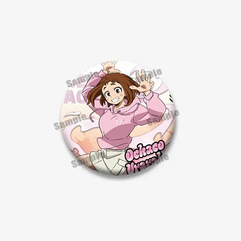 Pink and white tinplate coin brooch featuring a hero academia anime character waving in a pink hoodie cartoon badge