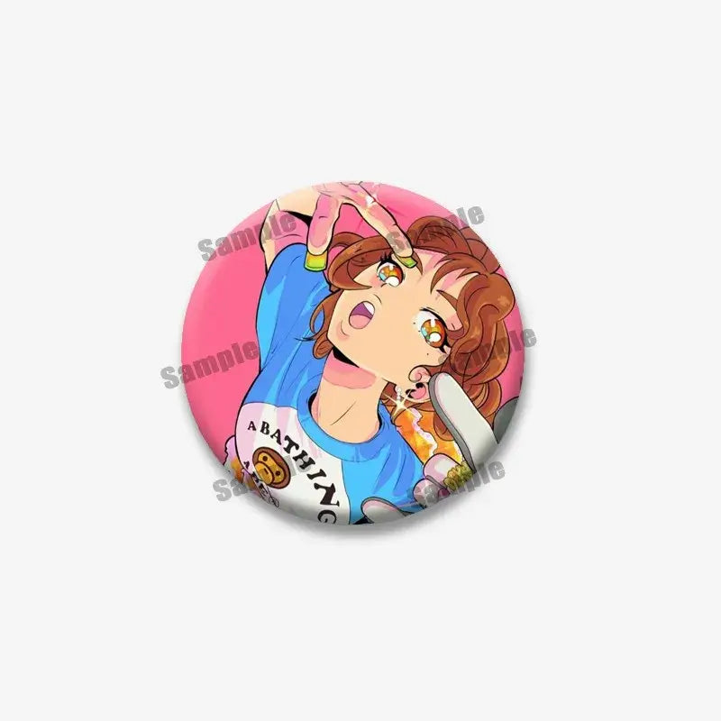Circular tinplate coin brooch featuring anime-style girl with brown hair and blue bathing ape shirt from hero academia