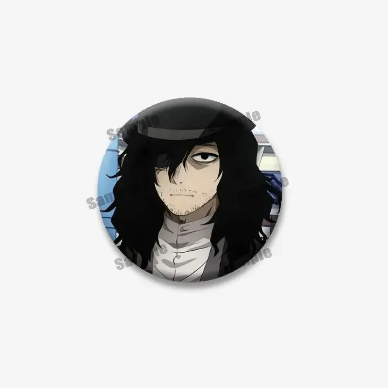 Black-haired anime character hero academia tinplate coin brooch with dark hat and white collared shirt cartoon badge