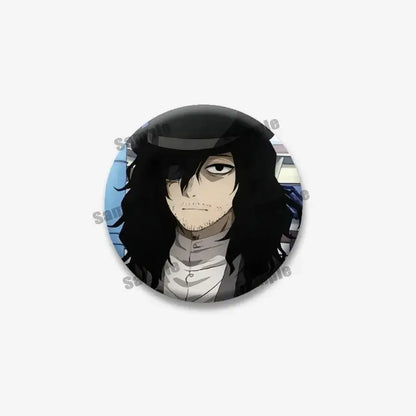 Black-haired anime character hero academia tinplate coin brooch with dark hat and white collared shirt cartoon badge
