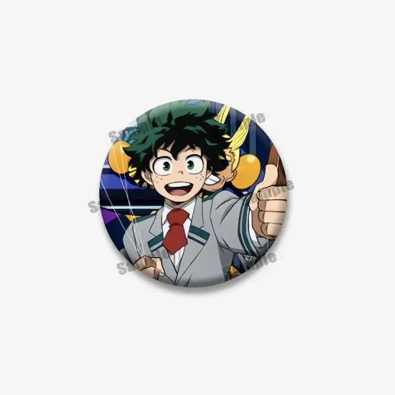 Circular tinplate coin brooch featuring izuku midoriya with green hair and school uniform from my hero academia