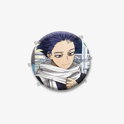 Glossy tinplate coin brooch featuring hero academia anime character bakugou with spiky blue hair and white scarf