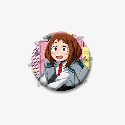 Circular tinplate coin brooch of brown-haired anime character in school uniform with colorful geometric background hero academia