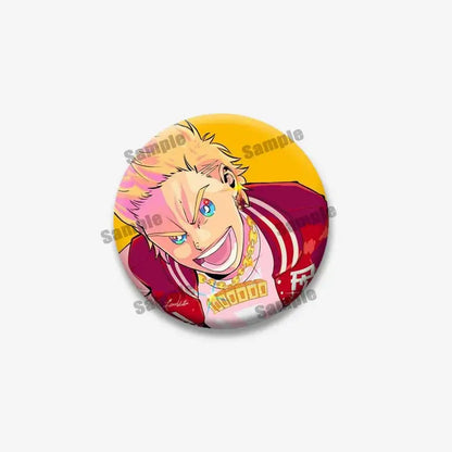 Circular tinplate coin brooch featuring bakugou midoriya with spiky blonde hair and a red jacket from hero academia