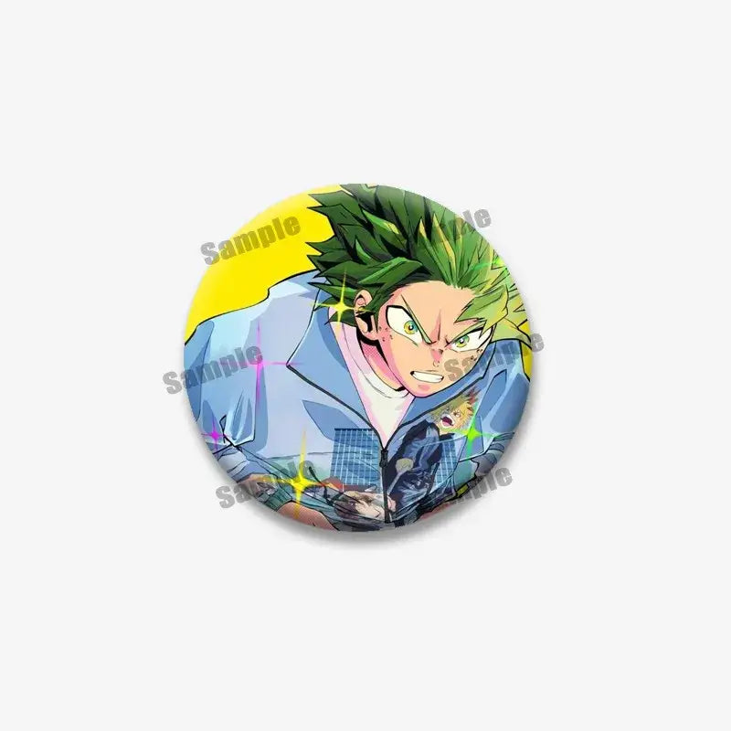 Circular tinplate coin brooch featuring midoriya with spiky green hair from my hero academia in light blue jacket