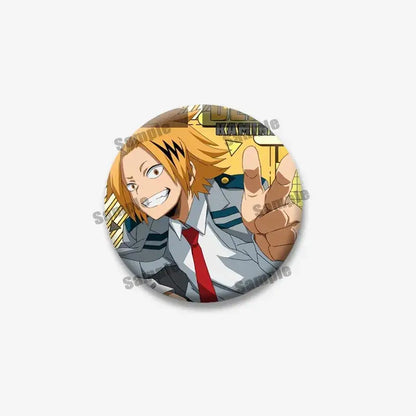 Circular tinplate coin brooch featuring bakugou with spiky blonde hair in gray uniform from hero academia