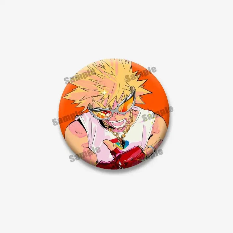Circular tinplate coin brooch featuring bakugou midoriya from hero academia with spiky blonde hair on orange background