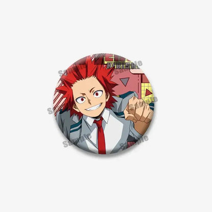 Circular tinplate coin brooch featuring bakugou with spiky red hair in gray hero academia uniform and red tie