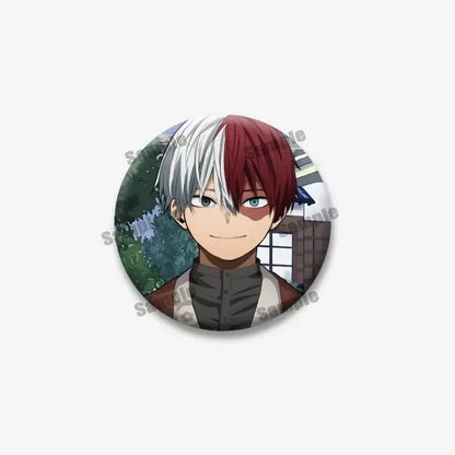Circular tinplate coin brooch featuring hero academia anime character with half white and red hair in gray jacket