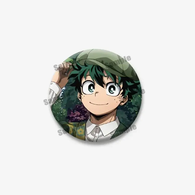 Circular tinplate coin brooch featuring green-haired anime character with glasses and cap from hero academia