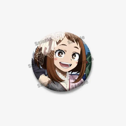 Circular tinplate coin brooch featuring an anime character with brown hair white lace veil and pink outfit from hero academia