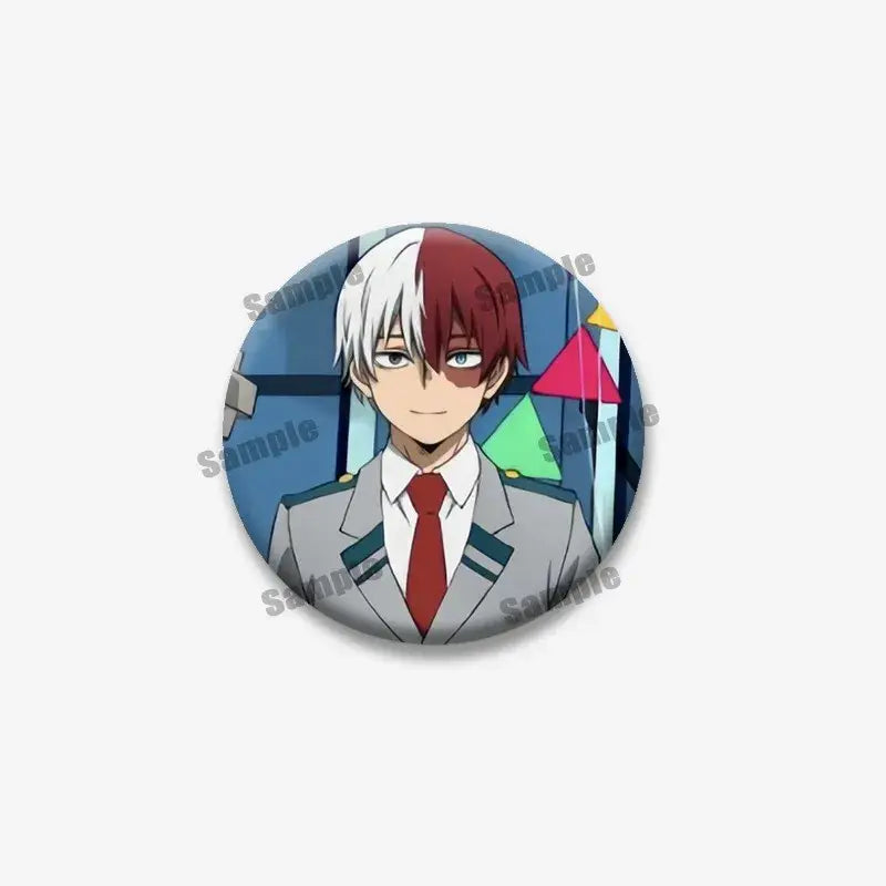 Circular tinplate coin brooch featuring an anime hero academia character with half-white half-red hair in gray uniform