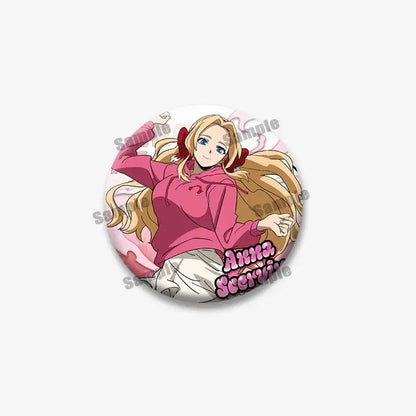 Circular pink hoodie anime character tinplate coin brooch with blonde hair red bow and anna sercu text hero academia badge