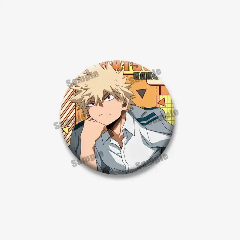 Circular tinplate coin brooch featuring bakugou from hero academia in gray school uniform shirt cartoon badge